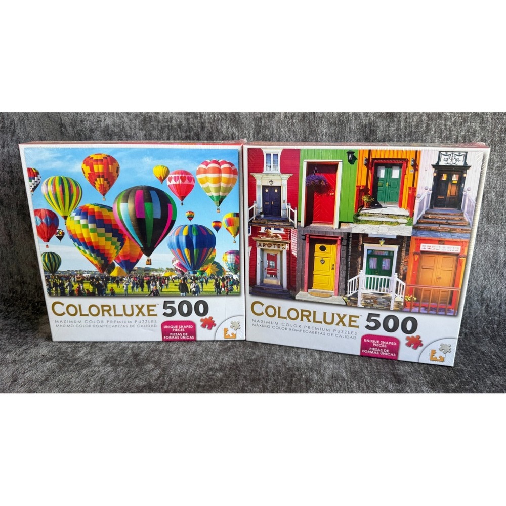 Lot of 2 Colorluxe 500 Piece Puzzles - Hot Air Balloon Fiesta & Colorful Doors